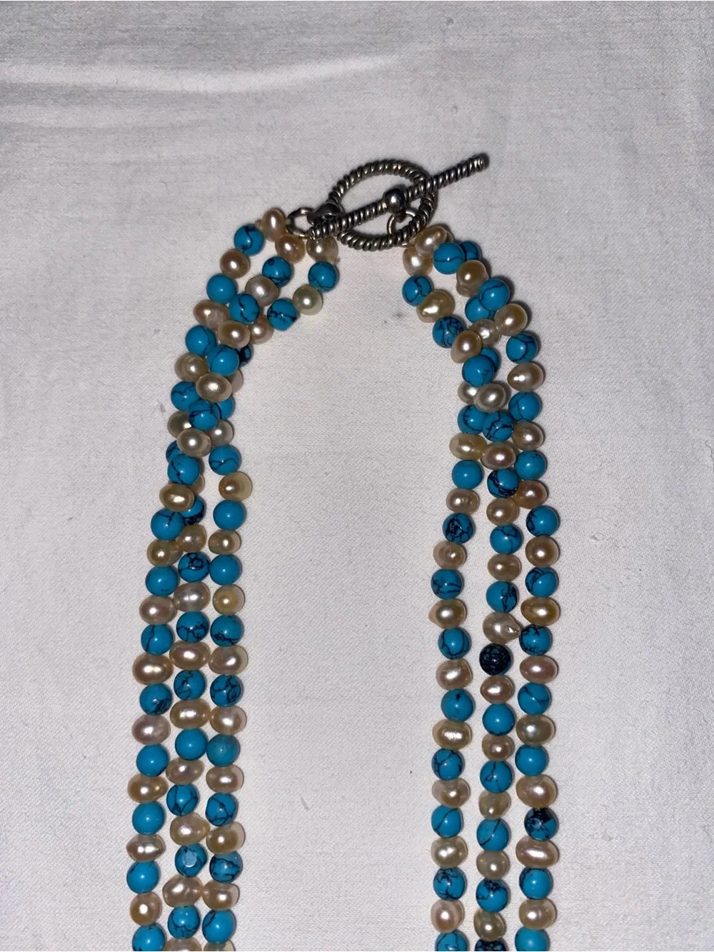 Turquoise Beaded Pearl-Accent Necklace with Silver-Tone Details - Picture 4 of 7